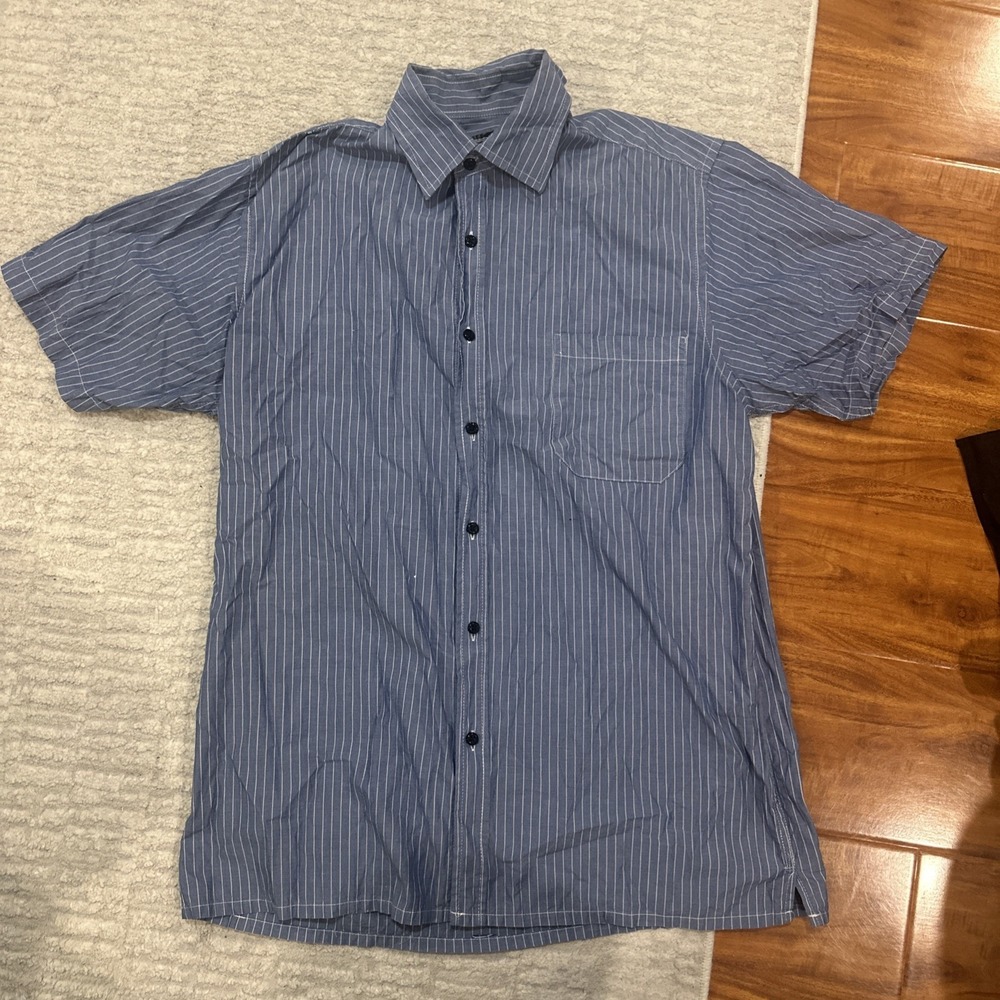 Express MK2 Fitted Men's Denim Shirt Blue White Pin Stripe Button‎ Down Size XL